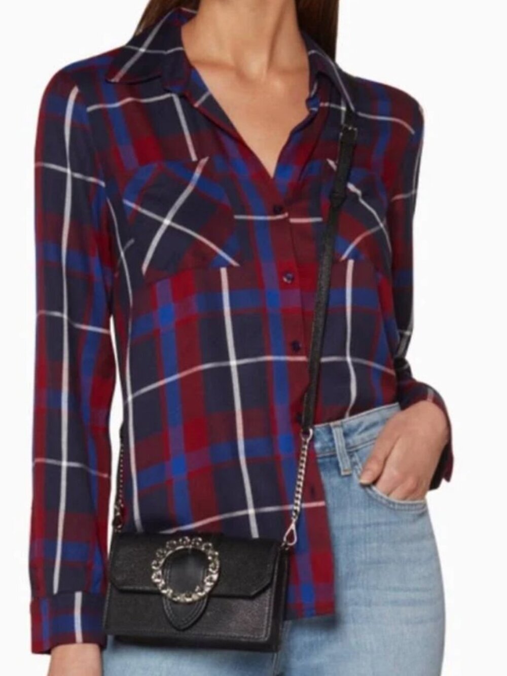 L’AGENCE Denise Button Down Silk Flannel — Blue/Red — Size S NWT